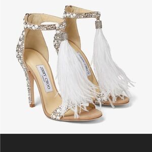 NWT Jimmy Choo ‘Viola 110’ Sandal Heels - Wedding Crystal Ostrich Feather 36